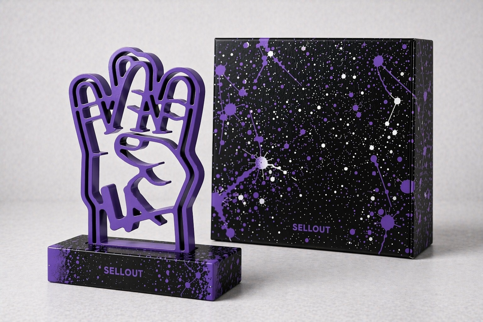Sellout “The Lost Box: PURPLE LA Hand” - Acrylic Resin Sculpture w Embellished Collection Box, The Lost Box Collector’s edition of 1 - 9”