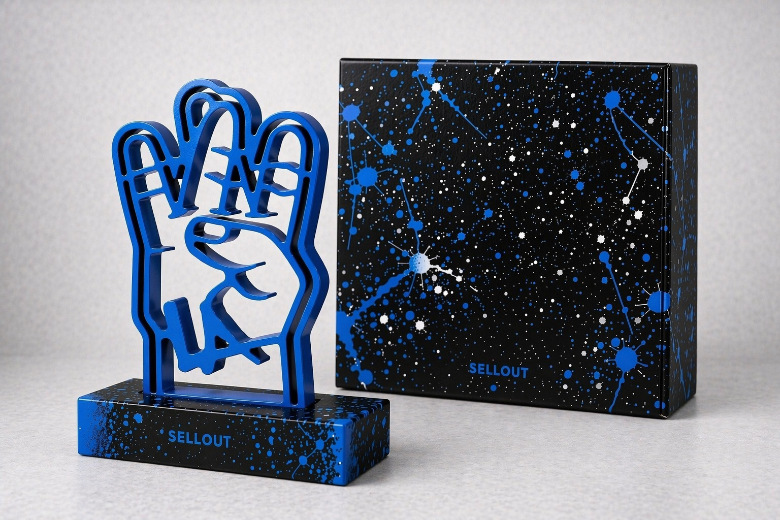 Sellout “The Lost Box: BLUE LA Hand” - Acrylic Resin Sculpture w Embellished Collection Box, The Lost Box Collector’s edition of 1 - 9”